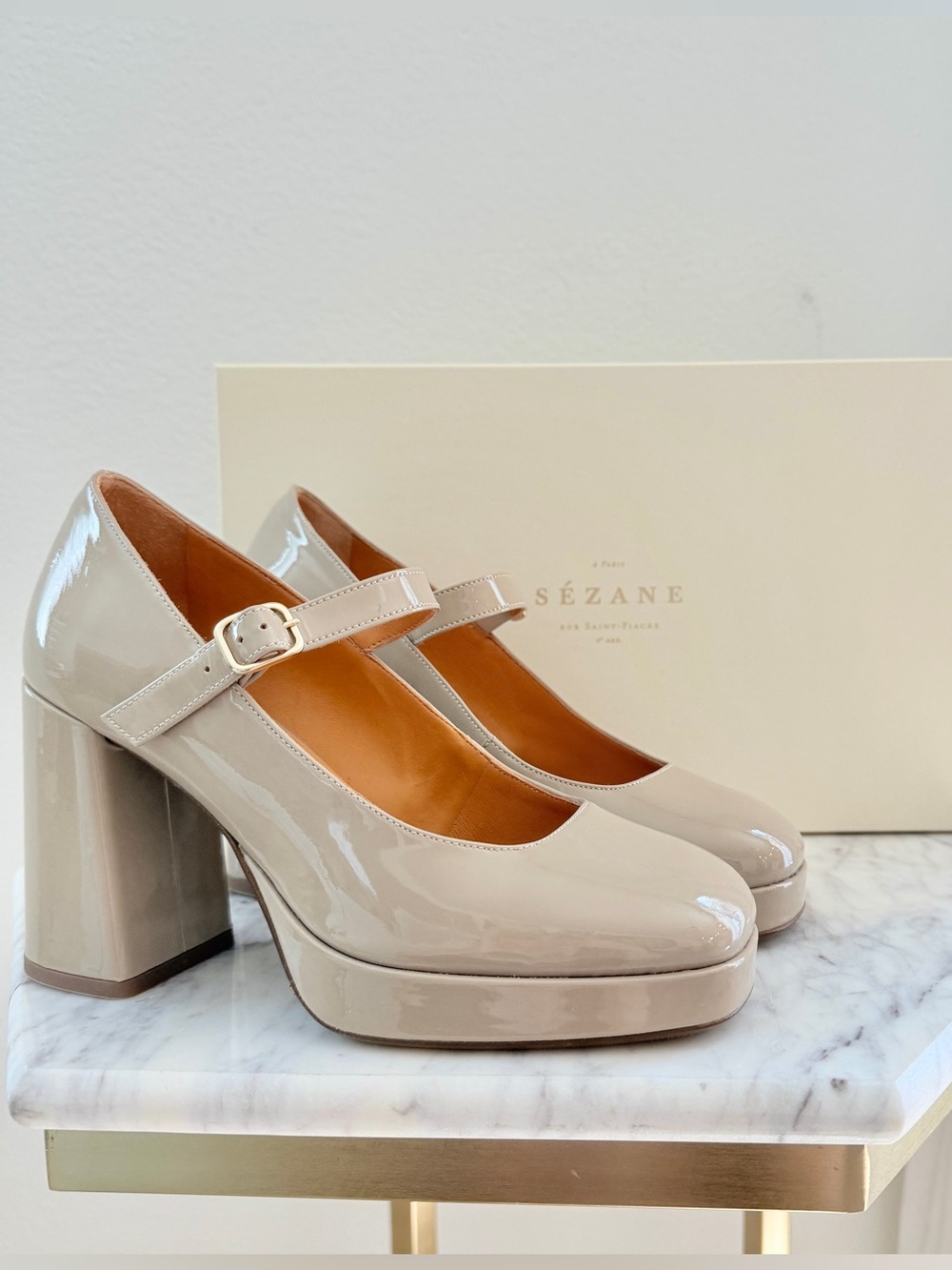 🤎 SÉZANE Georgia High Mary Janes in Light Beige Varnish Nude Heels w/ Strap